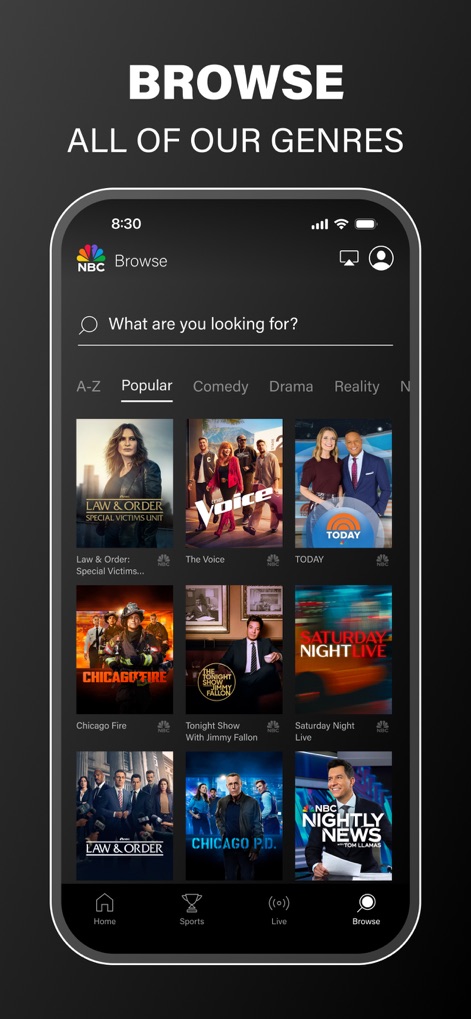The NBC App – Stream TV Shows - Users can explore content through an intuitive browse interface, utilizing genre tabs such as 'Popular' and 'Drama' to efficiently discover shows like 'Law & Order: SVU' and 'The Voice'.