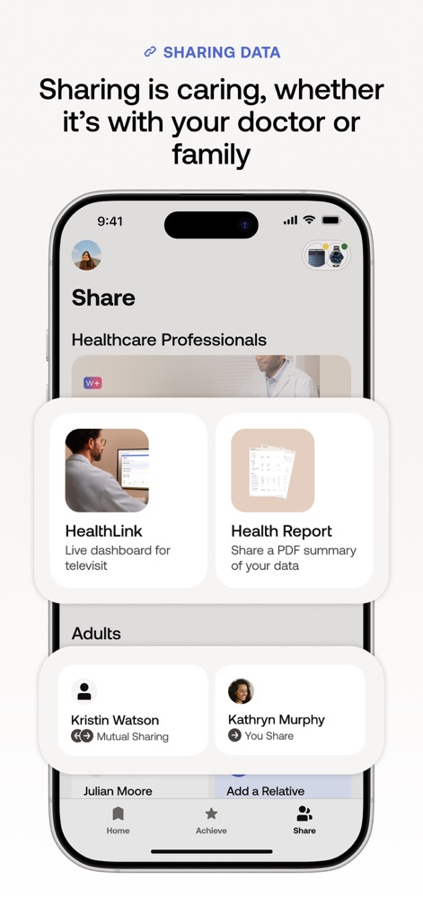 Withings - 医療専門家とのライブダッシュボードまたはPDFレポートによるデータ共有オプションを提供し、さらに家族間での健康データの相互共有機能も利用できます。