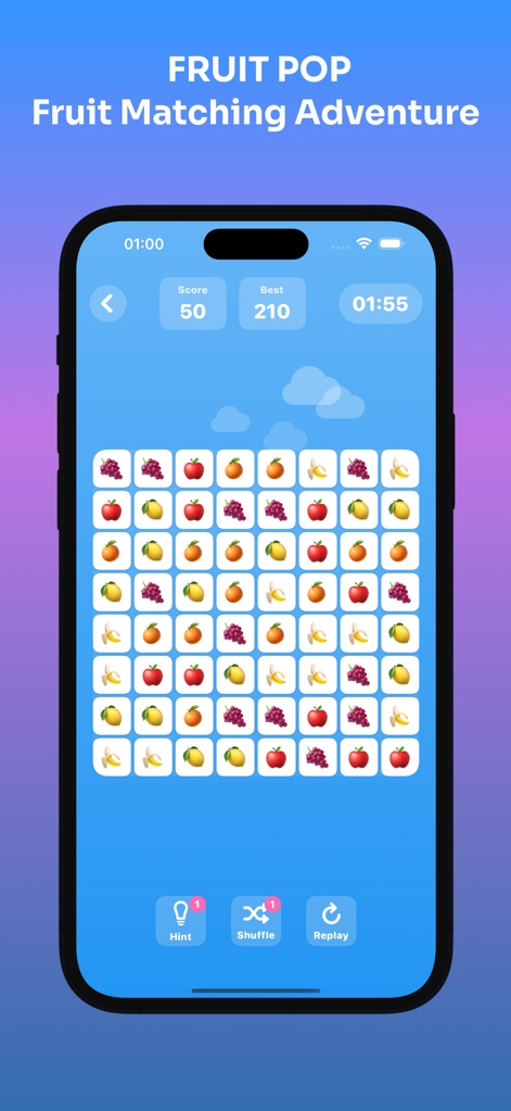 Game Box - Games for Watch - 다채로운 과일 아이콘으로 가득 찬 화면에서 사용자는 스코어와 제한 시간을 보며 같은 과일을 매칭하여 없애는 캐주얼 게임을 즐깁니다.