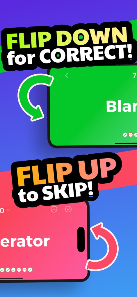 Guess the Word! Charades Game - The app features a straightforward tilt-based control system, instructing users to "FLIP DOWN for CORRECT!" and "FLIP UP to SKIP!" for seamless gameplay.