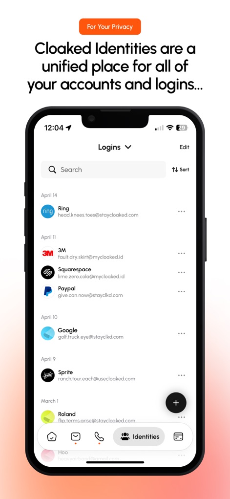 Cloaked: Protect your privacy - This feature provides a centralized view for managing all "Logins" with an intuitive search bar and a clear display of service entries like "Ring" and "Squarespace".