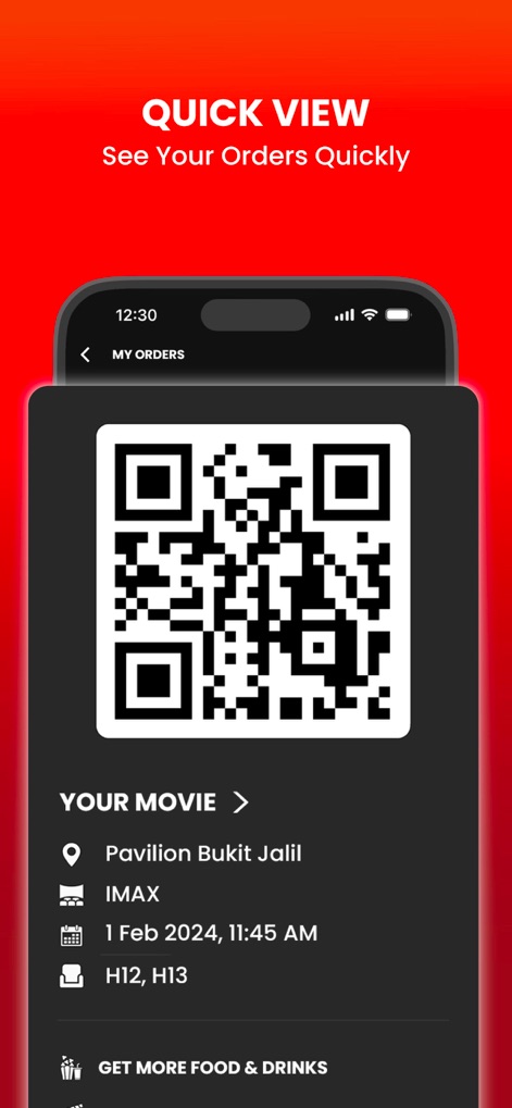 TGV - Access your movie orders swiftly with the quick view feature, displaying a large scannable QR code and essential movie details for seamless entry.