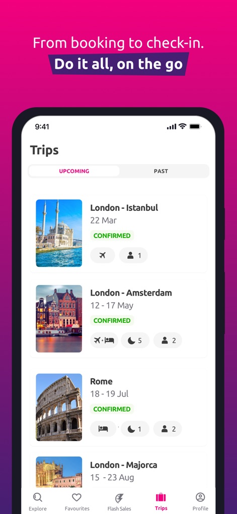 Bravofly - Les "Trips" futurs et passés sont facilement accessibles, présentant un "statut confirmé" et des icônes récapitulatives pour les vols, hôtels, nuits et participants.