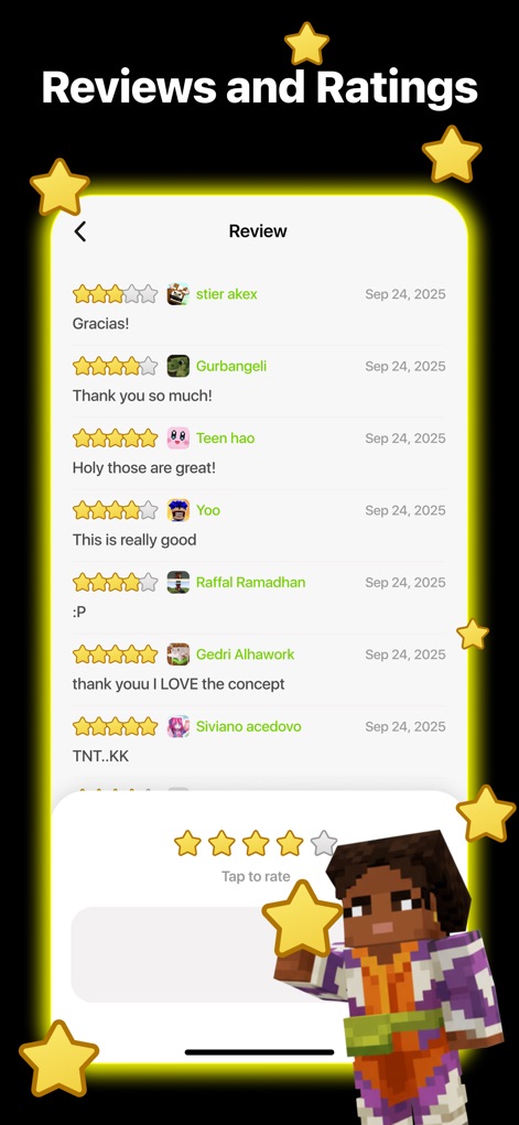 Addons for Minecraft - The app encourages community engagement by prominently displaying "Reviews and Ratings" from other users and providing an intuitive "Tap to rate" interface for sharing feedback.