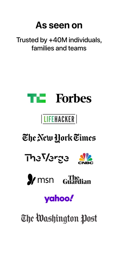 Any.do: To do list & Planner - L'affidabilità dell'app è confermata dalla presenza di loghi di testate autorevoli come TechCrunch e Forbes, e dalle menzioni su "New York Times" e "Washington Post".