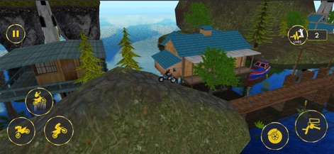 Bike Stunt 3d: Racing Games 3D - Gli utenti si cimentano in percorsi dinamici e avventurosi, con elementi visivi come ponti di legno e costruzioni a palafitte che rendono l'ambiente di gioco vario e stimolante.