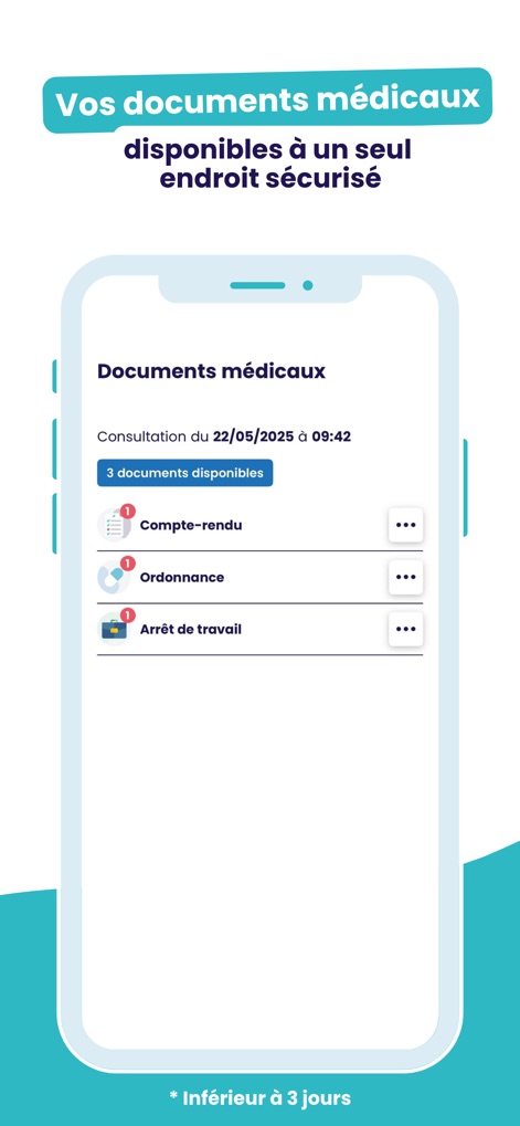 Medadom - Un médecin en visio - Discover the secure portal where users access vital documents like 'Ordonnance' (prescriptions) and 'Arrêt de travail' (sick leave certificates) post-consultation.