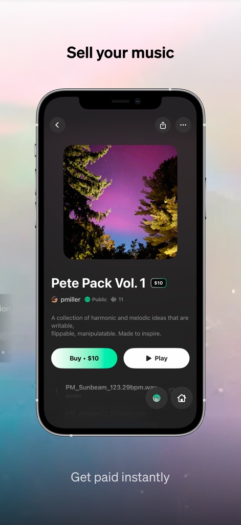 Baton - Unreleased Music - Esta plataforma permite la venta de paquetes musicales como "Pete Pack Vol. 1" con un precio claro de "$10" y un botón de "Buy" para transacciones directas.