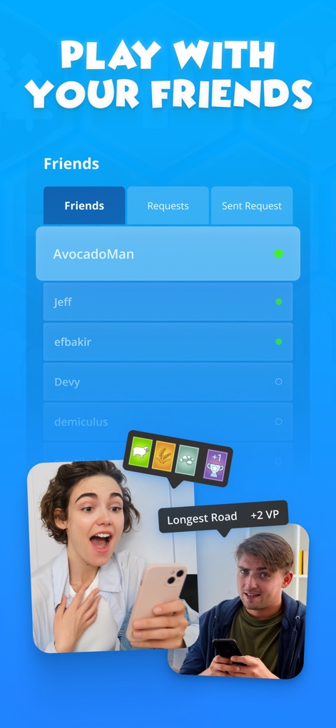 Colonist.io - Nutzer können ihre Freundesliste verwalten und gemeinsam spielen, während In-Game-Erfolge wie die 'Längste Handelsstraße' strategische Vorteile und Anerkennung anzeigen.