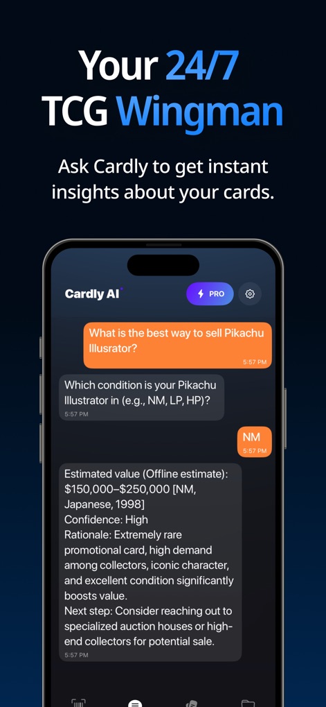 Cardly AI: Sports Card Scanner - Los usuarios cuentan con un asistente de IA 24/7, que proporciona estimaciones de valor detalladas y consejos personalizados sobre cómo vender cartas específicas, como el Pikachu Illustrator.