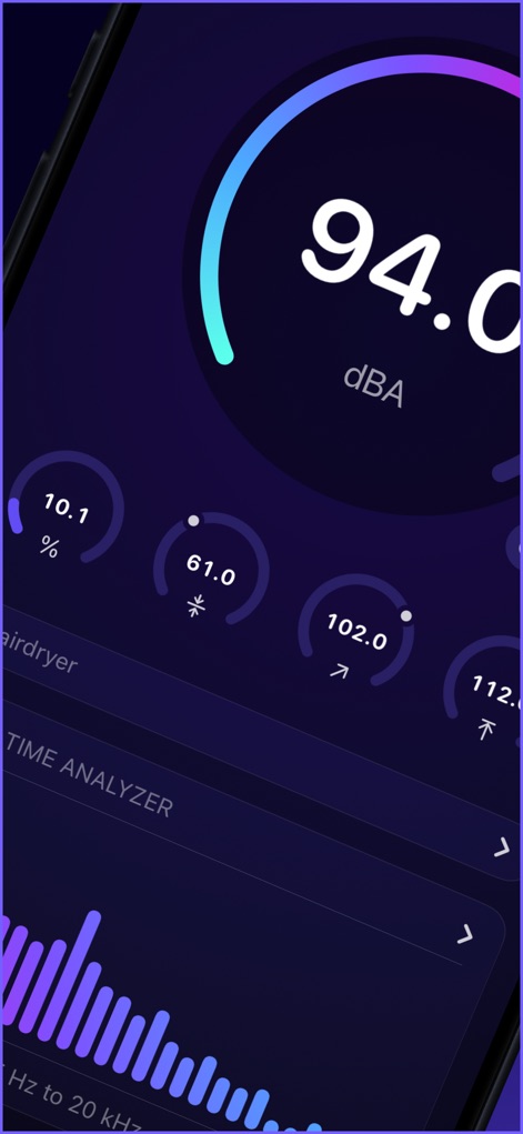 Decibel dB Sound Meter Ultra - Observe real-time sound levels with the prominent dBA reading and dynamic circular meters displaying various environmental noise parameters.