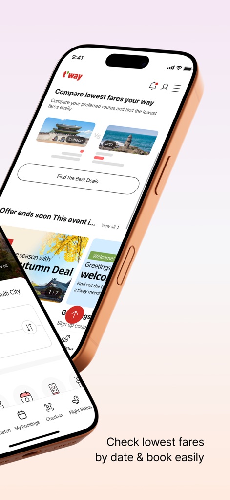 T’way Air - Users can efficiently compare routes using dedicated "fare comparison cards" and quickly access optimal pricing with the "Find the Best Deals button".