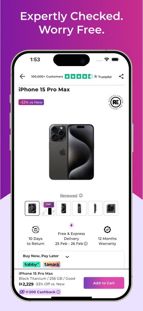 Revibe - Renewed Electronics - Esta tela apresenta o "iPhone 15 Pro Max" com um desconto de "-53% vs New", acompanhado de avaliações de clientes do Trustpilot e um botão claro para "Add to Cart".