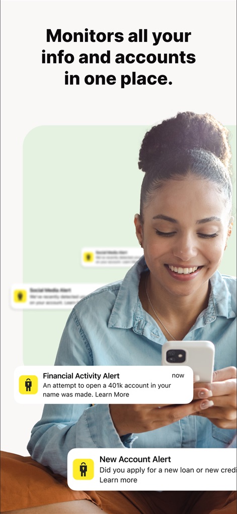 LifeLock Identity - Observe how the app centralizes critical notifications, showcasing both 'Financial Activity Alerts' and 'New Account Alerts' for comprehensive oversight.