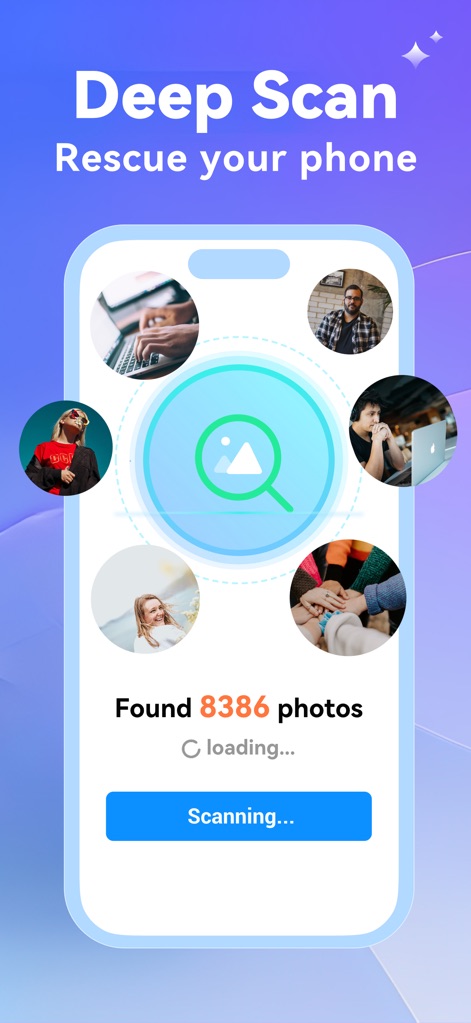Photo Recovery: phone cleanup - Discover the app's powerful deep scan feature, visually represented by a magnifying glass icon, which meticulously searches and displays the number of photos found during the scanning process.