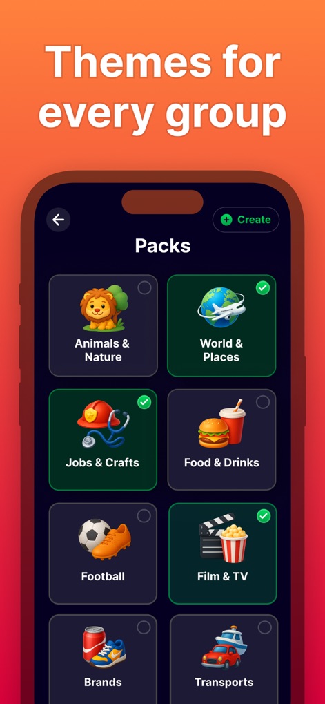 Imposter - Who is the Spy? - Explore the extensive range of themed word "Packs" available, including "Animals & Nature" and "Film & TV," offering varied gameplay.