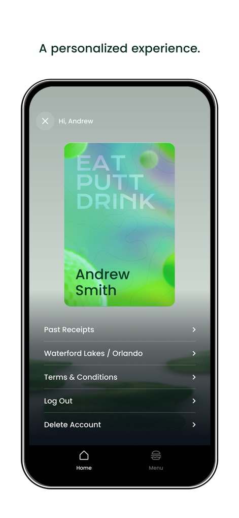 PopStroke - 本アプリは、ユーザーの「Andrew Smith」という名前が記載されたパーソナライズされたカードと、「Past Receipts」や「Log Out」を含むアカウント管理オプションを通じて、個別の利用体験と利便性を提供します。