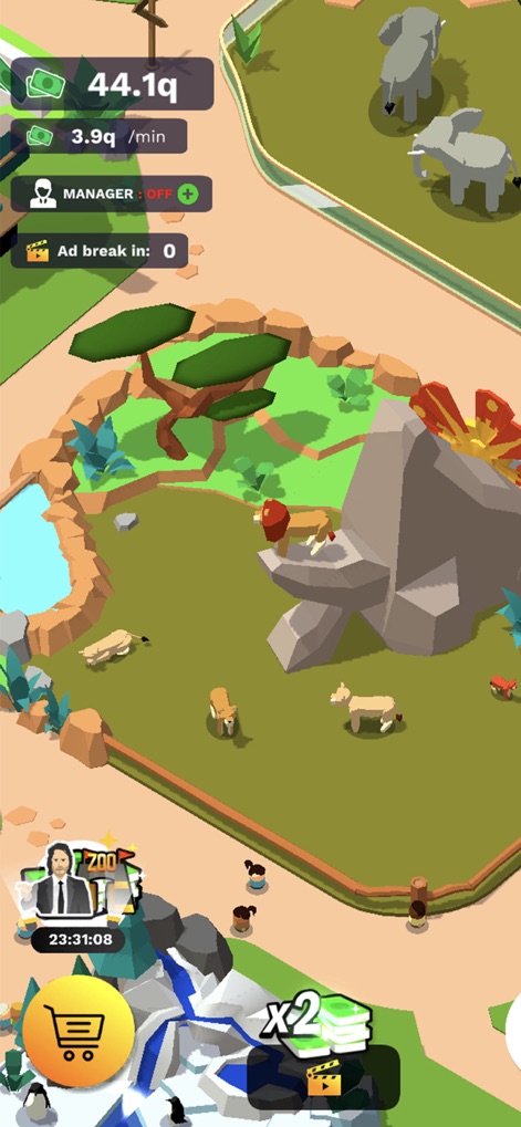 Idle Zoo Tycoon 3D - Behold the expansive savannah habitat, home to majestic lions and gentle elephants, illustrating the diverse species players can host and the user-friendly income display.
