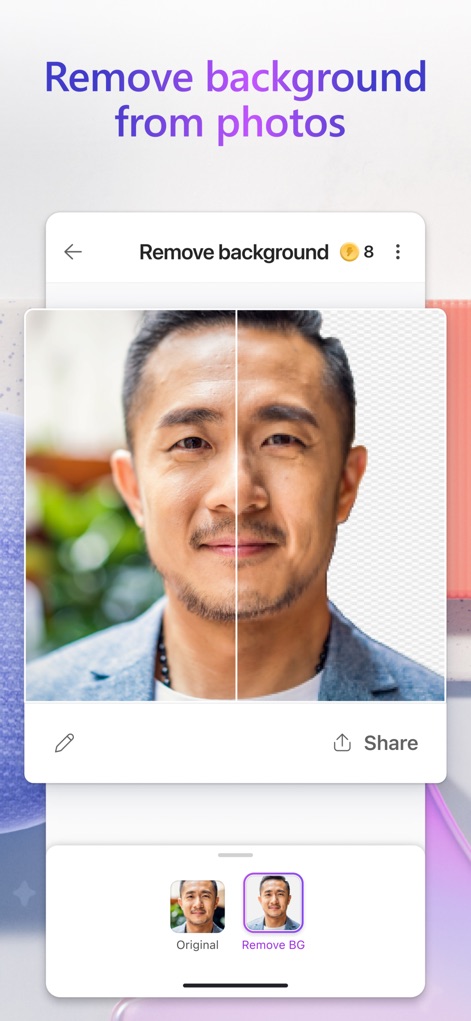 Microsoft Designer - La función de eliminación de fondo de imágenes es impresionante, como se muestra en la vista dividida donde el retrato de un hombre pasa de tener un fondo complejo a uno transparente con gran exactitud en el contorno del cabello.