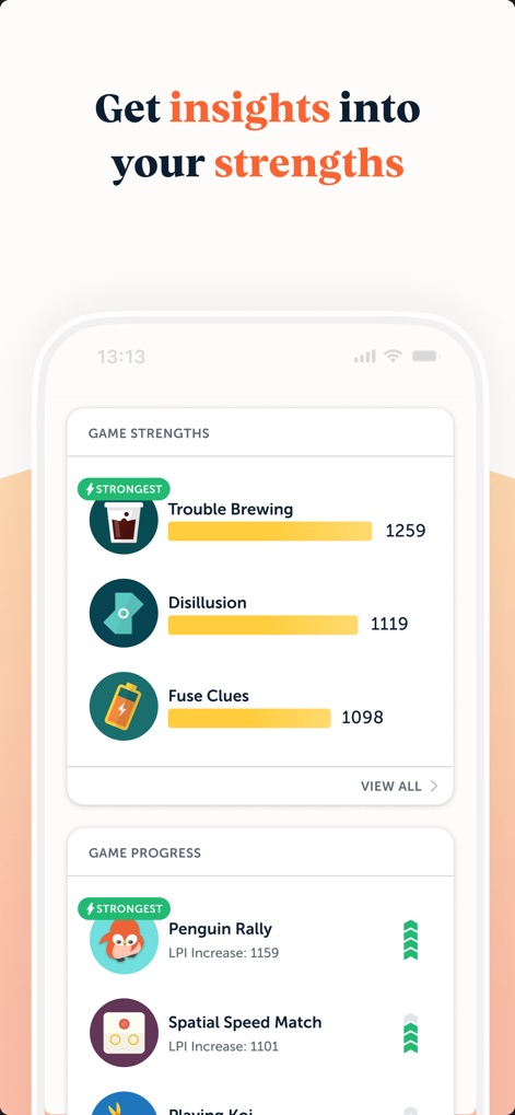 Lumosity: Brain Training Games - Questo strumento fornisce approfondimenti dettagliati, mostrando i "Game Strengths" dell'utente con punteggi elevati e utilizzando frecce verdi per indicare un chiaro "Game Progress" in specifici esercizi.