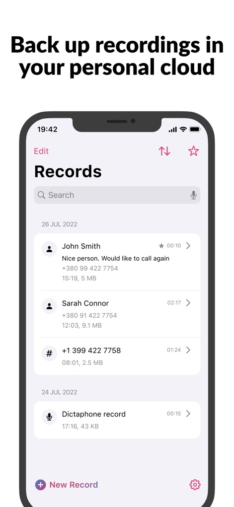 Call Recorder - Cube ACR - The app ensures data safety by allowing users to back up recordings to personal cloud storage, easily managed through the organized "Records" list.