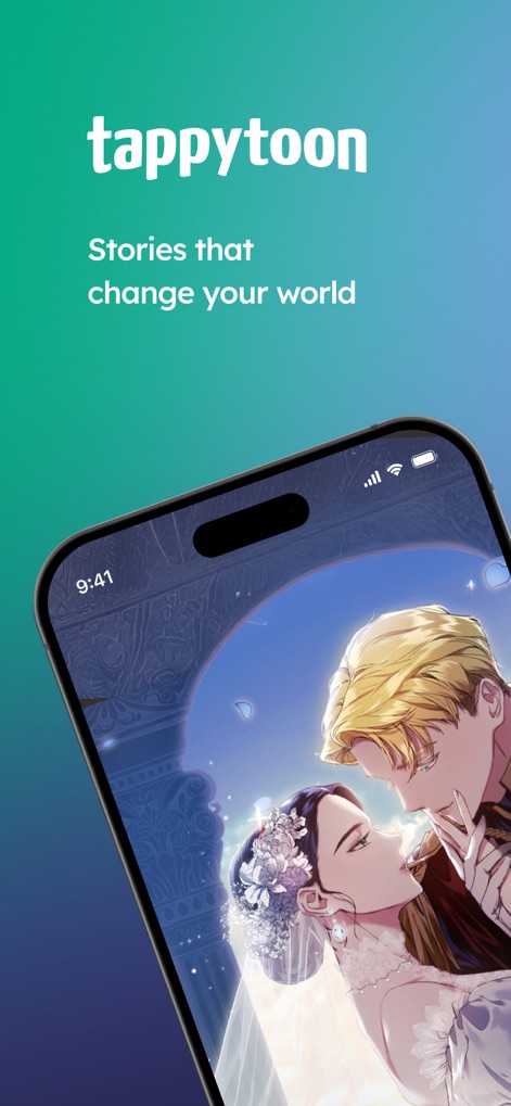 Tappytoon Comics & Novels - The app greets users with its vibrant 'tappytoon' logo and an inviting romantic comic cover, setting an engaging tone for the diverse content within.