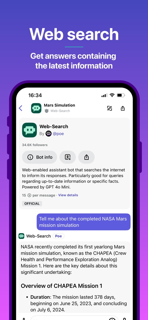 Poe – Fast AI Chat - This tool offers a dedicated 'Web-Search' bot, providing comprehensive answers sourced from the latest information, such as details on the 'NASA Mars mission simulation'.