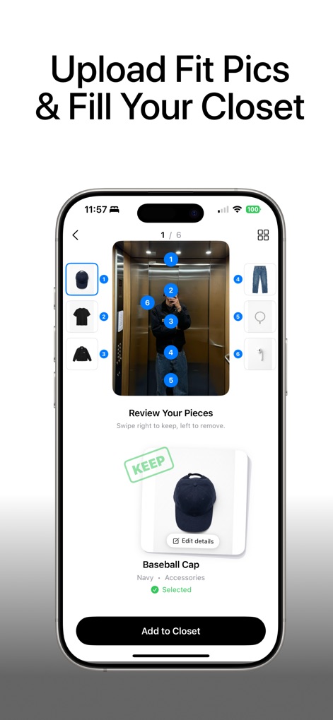 Fitted - O aplicativo permite carregar fotos de looks completos, onde o usuário pode revisar as peças identificadas automaticamente e adicionar itens como um boné ou calças ao armário virtual.