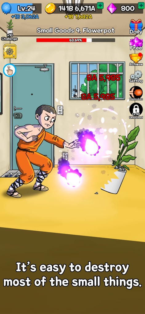 The Legend of Fireball - Nutzer können ihre Fähigkeiten verbessern, was sich in der beeindruckenden Zerstörung eines Blumentopfes durch den Charakter in einem Mönch-Outfit und den hohen Schadenszahlen widerspiegelt.