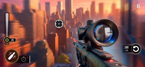 Grand Sniper: 3D Shooting Game - This scene highlights the clear, functional sniper scope with visible crosshairs and the detailed, sprawling cityscape in the background.