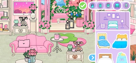 Princess Avatar Maker World - Users can design charming living rooms with a selection of delightful pink furniture and beautiful floral decorations, extending the aesthetic to outdoor views.