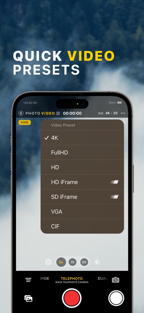 xZoom Cam - PRO Camera - The app provides a comprehensive list of "QUICK VIDEO PRESETS," enabling users to effortlessly select desired video resolutions, from high-fidelity "4K" down to "VGA" for specific needs.