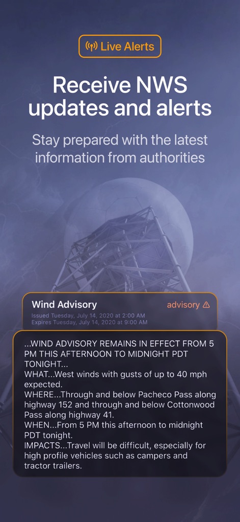 Weather on the Way - This section showcases the app's capability to deliver official NWS weather advisories, providing detailed impact descriptions for severe conditions like wind.