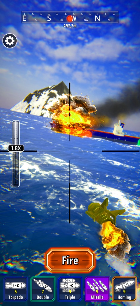 Uboat: Sea War - This first-person perspective highlights the detailed targeting scope and the intuitive UI for selecting various torpedo types, emphasizing direct control over offensive operations.
