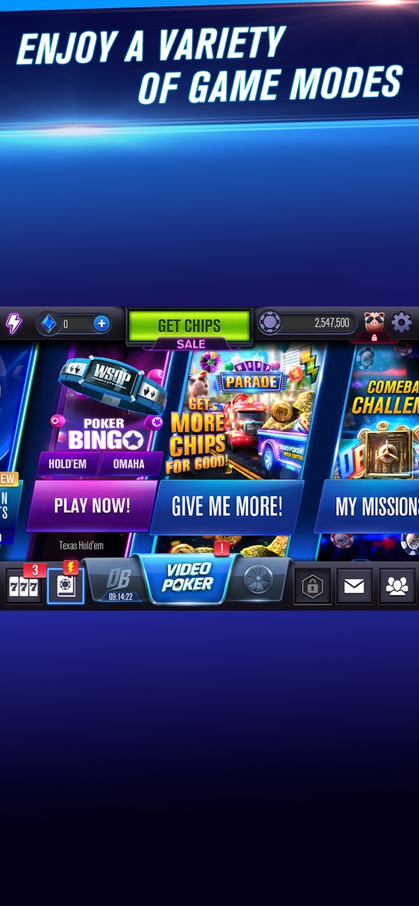 WSOP Poker: Texas Holdem Game - Os jogadores podem explorar uma vasta seleção de modos de jogo, incluindo Poker Bingo e Video Poker, todos acessíveis através de um menu intuitivo de seleção de jogos.