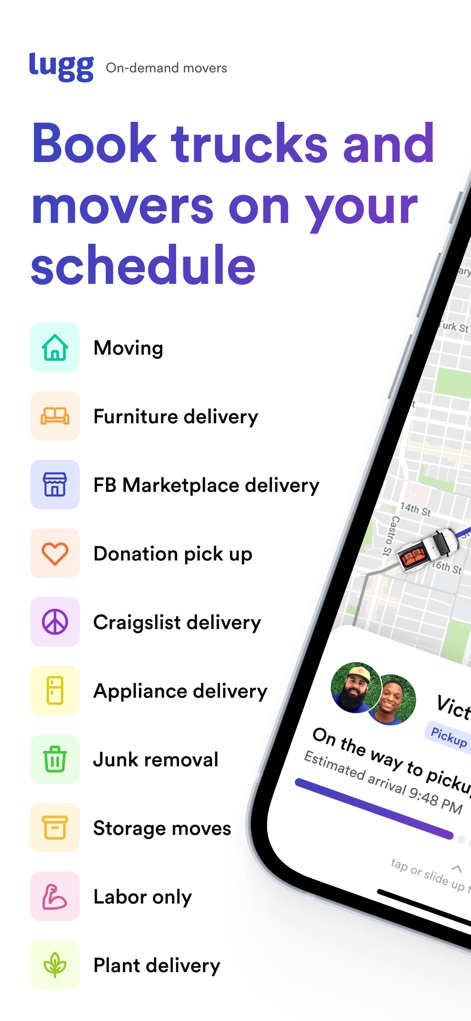 Lugg - Moving & Delivery - La aplicación presenta una lista exhaustiva de servicios, desde mudanzas hasta entrega de muebles, con iconos distintivos y un título que enfatiza la flexibilidad para reservar según la agenda del usuario.