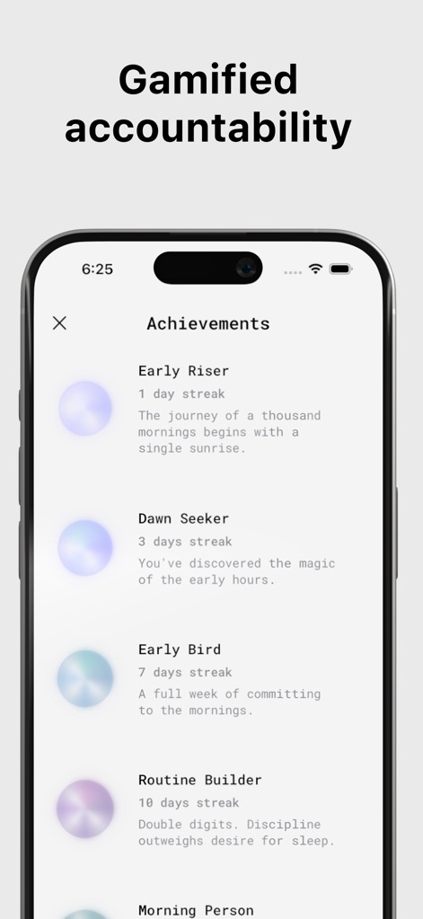 Erly: Wake Up Early - Users are motivated by a system of 'Achievements' like 'Early Riser' and 'Dawn Seeker', which mark progress and celebrate consistency in their morning routine.