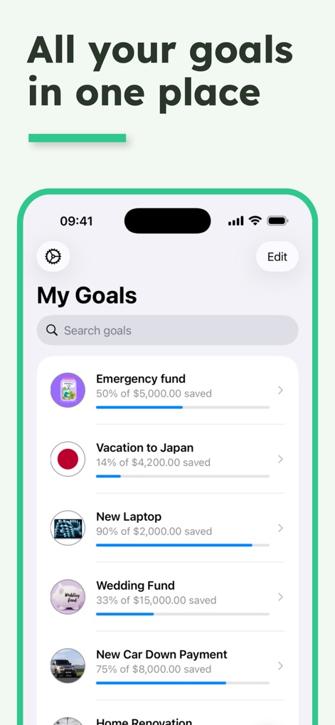 Savings Goal - La pantalla principal ofrece una visión integral de todas las metas, mostrando iconos personalizados para cada objetivo y barras de progreso detalladas que indican el porcentaje de avance.