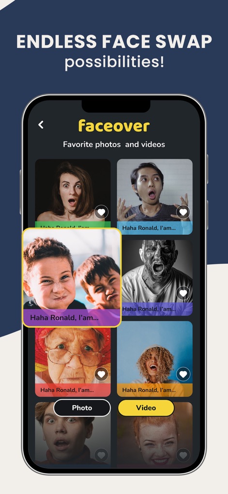 Faceover: Photo Face Swap - The app keeps track of past creations in the 'Favorite photos and videos' gallery, enabling users to revisit and manage both 'Photo' and 'Video' edits.