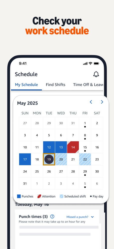 Amazon A to Z App Store screenshot 3, headline “Check your work schedule”. Black, white or grey.