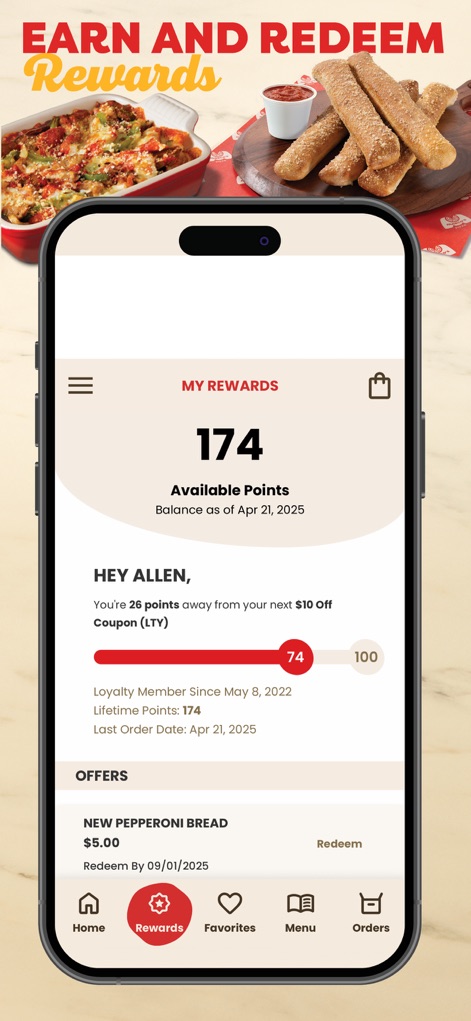 Marco’s Pizza - The rewards section vividly displays accumulated points and progress toward the next reward tier, alongside accessible current offers for redemption.