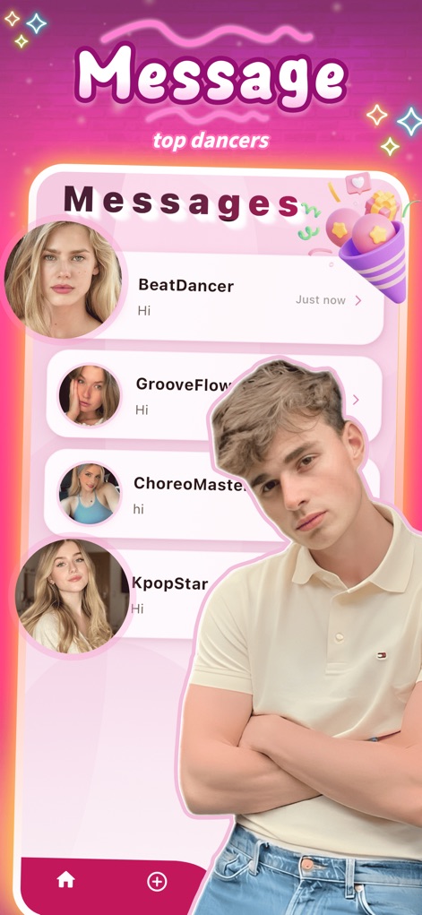 Popor - Beam & Video - Users can utilize the streamlined direct messaging interface, displaying a list of conversations with profile pictures, to connect directly with fellow enthusiasts and top dancers.