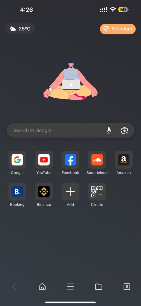 Offline: Files, Browser, VPN - The app provides a streamlined browsing experience with its central 'Search in Google' bar and convenient 'quick access icons' to popular sites.
