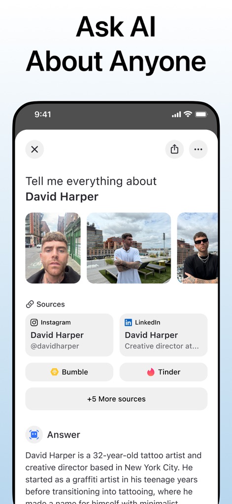 Deepsearch AI Search Assistant - This tool provides a detailed overview of individuals, including multiple profile pictures and a summarized AI-generated biography.