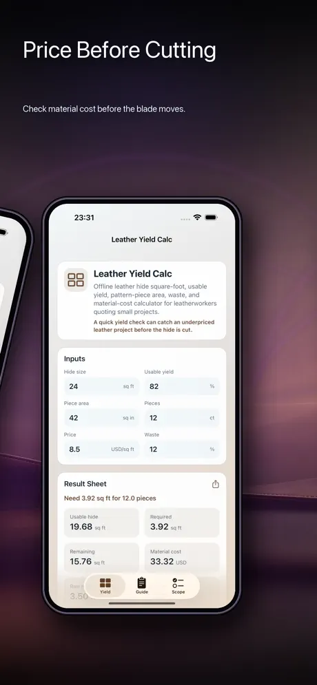 Leather Yield Calc screenshot 2