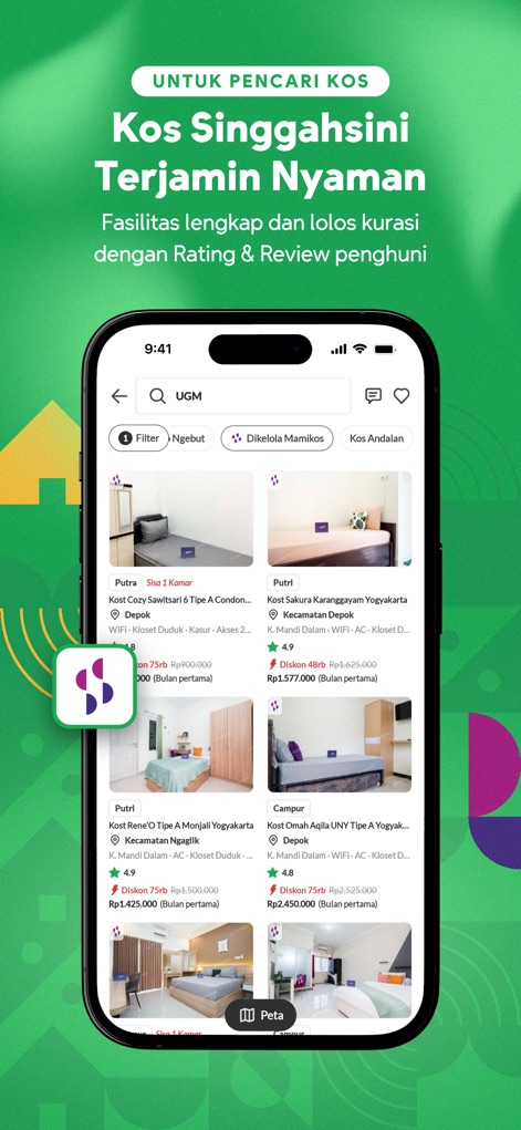 Mamikos-Cari & Sewa Kos Mudah - The platform showcases a curated list of properties, highlighting those with high user ratings and the trusted 'Singgahsini' managed label for enhanced comfort.