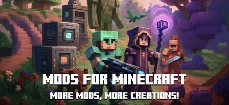 Mods for Minecraft PE ㅤ - Esta captura presenta una vista épica de diversos mods, mostrando personajes con armadura y estructuras tecnológicas, invitando a una experiencia de juego personalizada y expansiva.