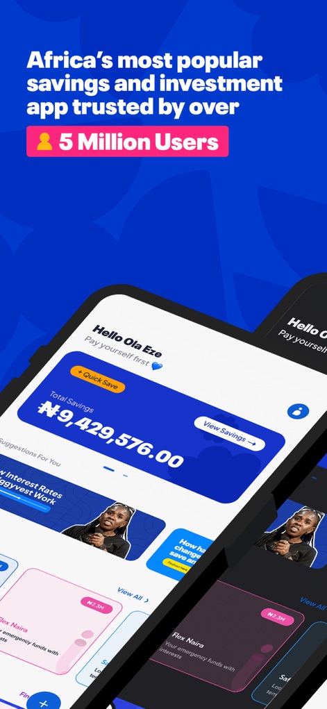 PiggyVest: Save & Invest Today - このアプリは、ホーム画面でユーザーの「総貯蓄額」を明確に表示し、「Quick Save」ボタンから素早く貯蓄を開始できる機能を提供します。