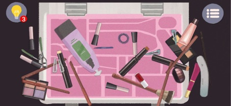 Find Sort Match: Sorting Game - Explore levels requiring meticulous organization, like tidying the diverse cosmetic items and their brushes into the structured pink organizer tray.