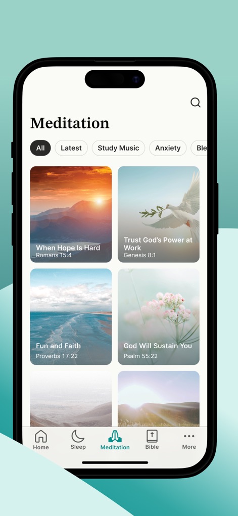 Abide: Bible Prayer Meditation - Users can explore a diverse range of meditations through clear categories like "Anxiety" and "Blessings," each presented on visually appealing cards with relevant Bible verses.